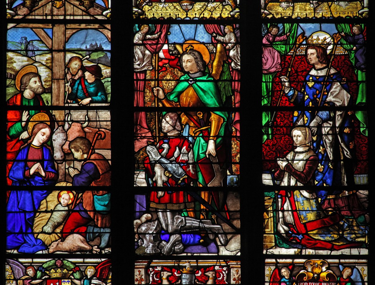 Ventana w6 que representa la Natividad con pastores; donantes y santos patronos de French School