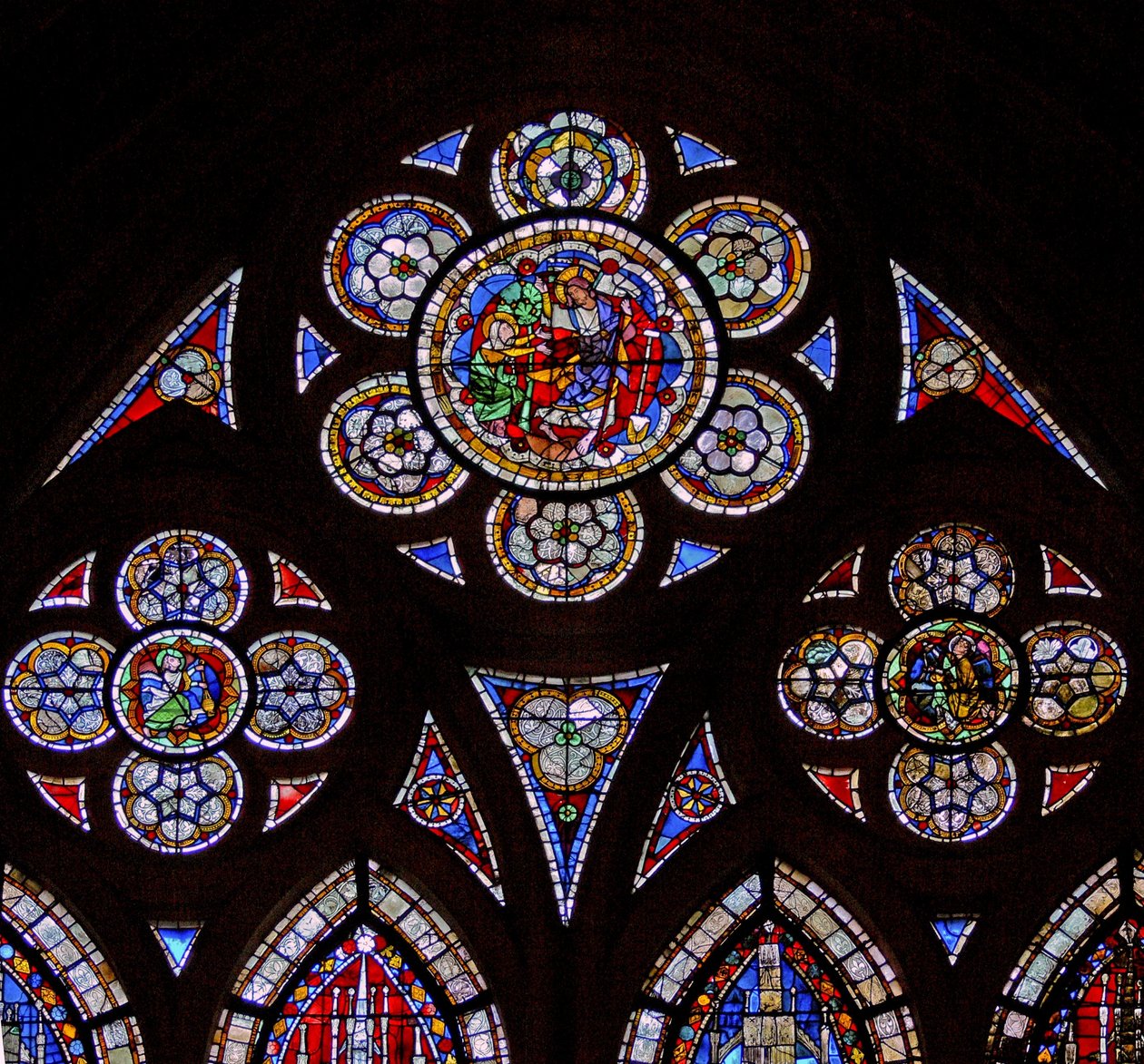 Ventana w7 que representa las luces del tracería con dos ángeles y Noli Me Tangere de French School