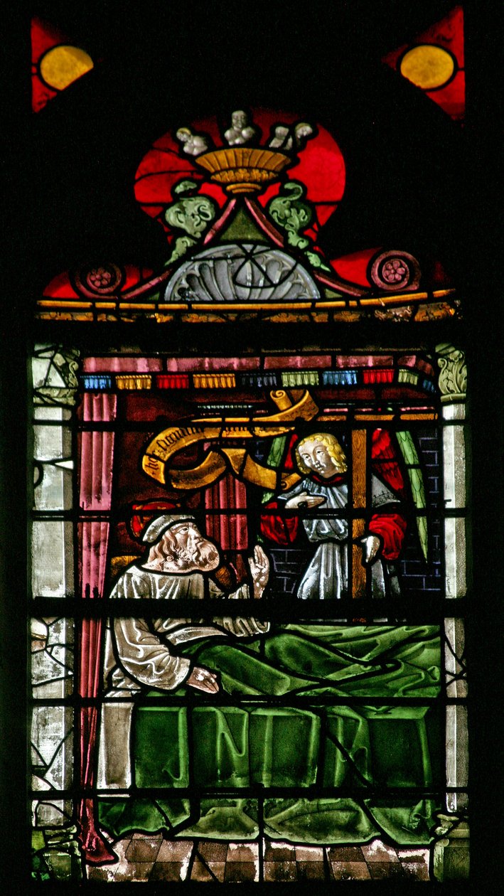 Ventana w8 que representa la revelación de Constantino(?) en su lecho de muerte de French School