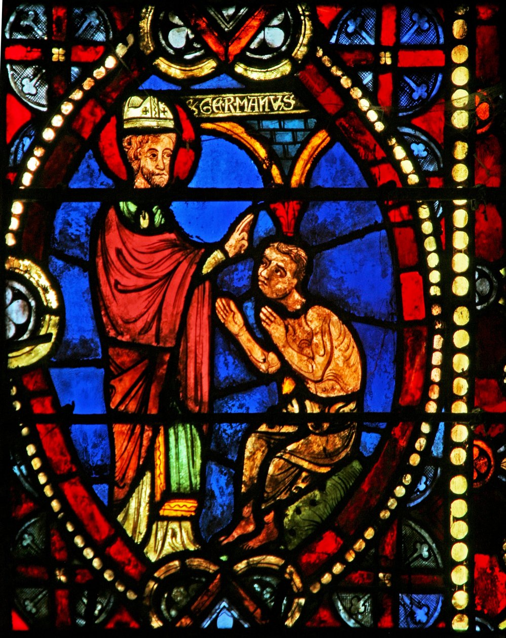 Ventana w8 que representa a San Germán y el hijo de Elaphius de French School