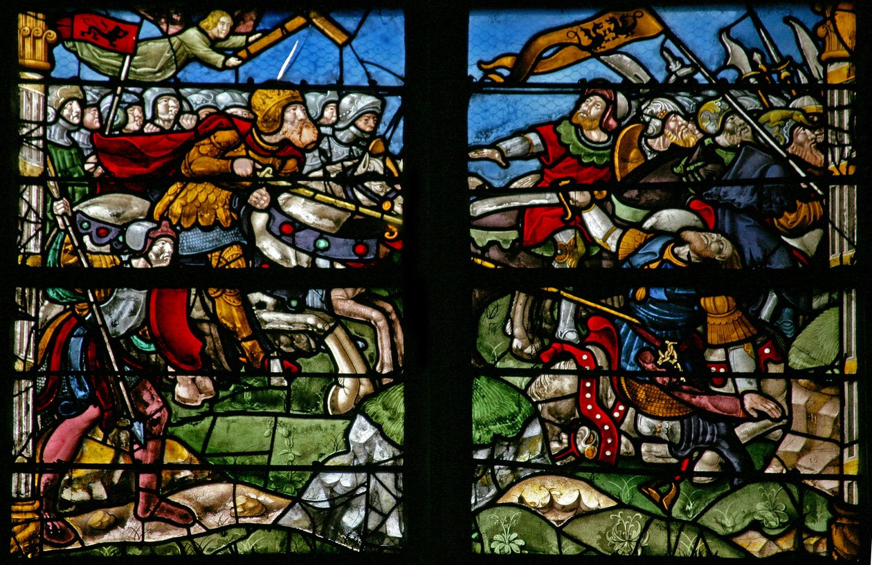 Ventana w8 que representa una escena de batalla con el Emperador Constantino donde apareció la Cruz y él triunfa de French School