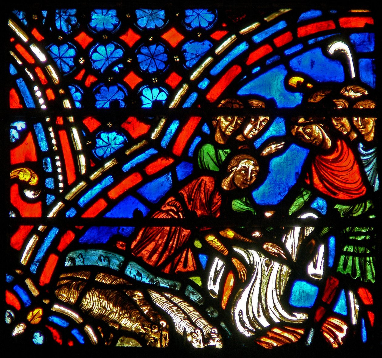 Ventana w9 que representa a los hermanos de José tomando la túnica de colores de French School