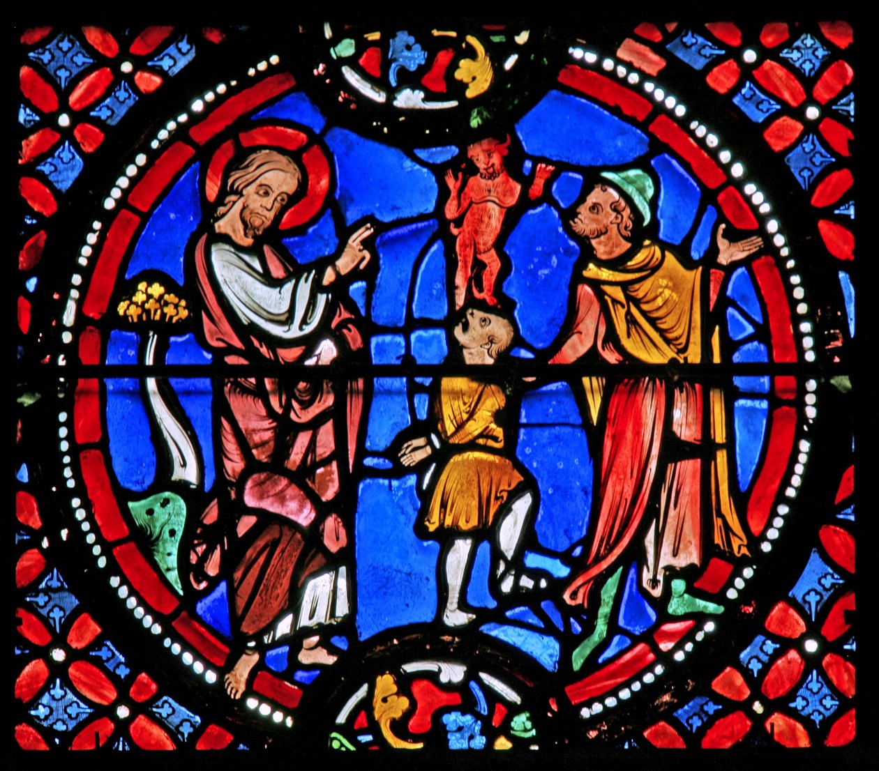Ventana w9 que representa a San Andrés exorcizando un demonio de French School