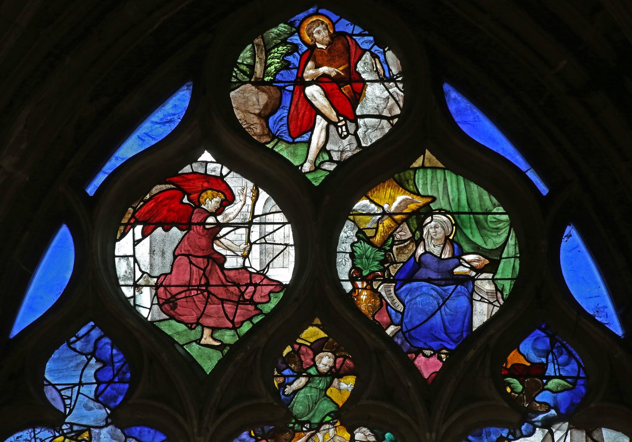 Ventana que representa a San Juan Bautista; la Anunciación de French School