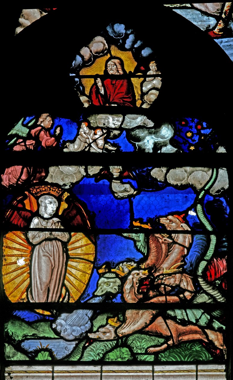 Ventana w9 que representa una escena del Libro de la Revelación de San Juan de French School