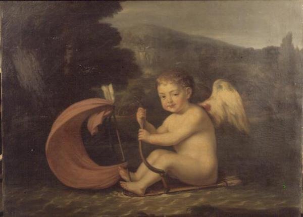Cupido alado, navegando en un barco con casco de carcaj y mástil de flecha, c.1800 de French School