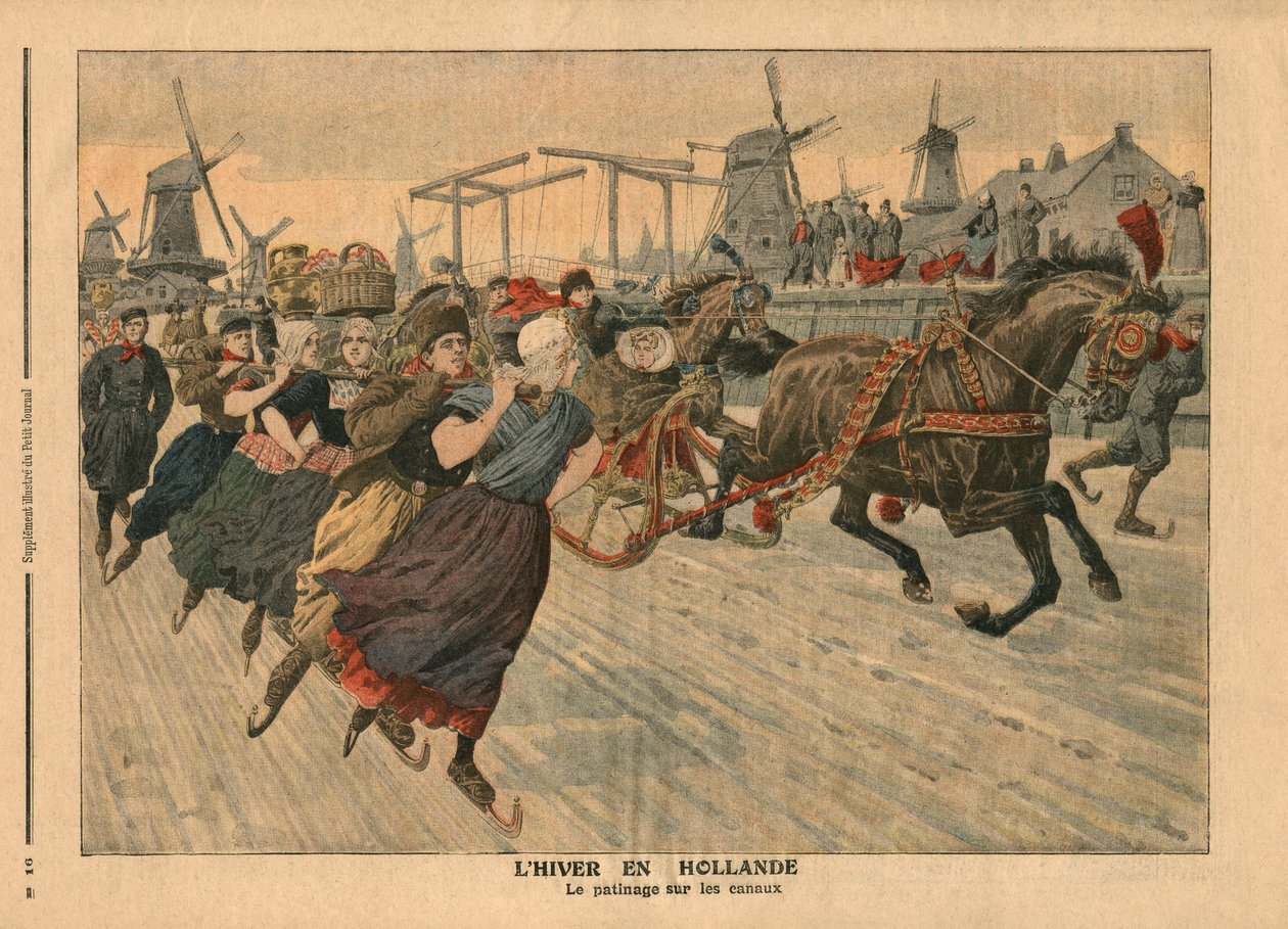 Invierno en Holanda, patinaje sobre hielo en el canal, ilustración de 
