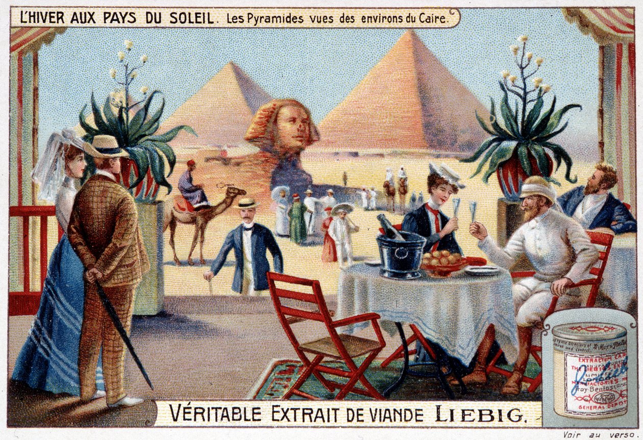 Invierno en los países del sol: pirámides vistas desde los alrededores de El Cairo - Viñeta publicitaria, cromo. Liébig, c.1900 de French School