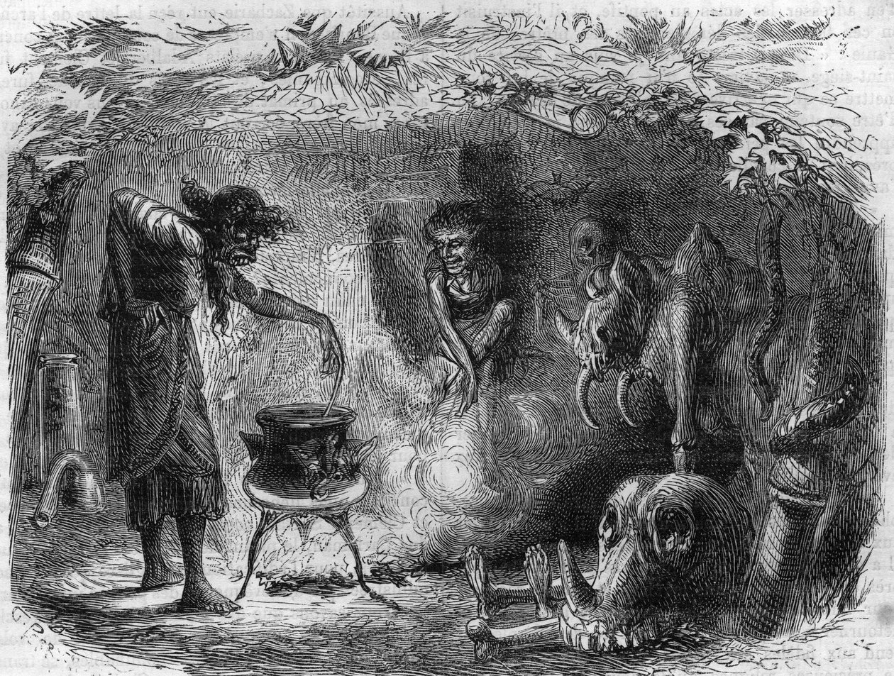 Práctica de brujería: bruja alrededor de un caldero haciendo pociones mágicas y sortilegios. Grabado en “Histoire des Papes-Rois-Reinas-y-Emperadores a través de los siglos” de Maurice Lachatre de French School