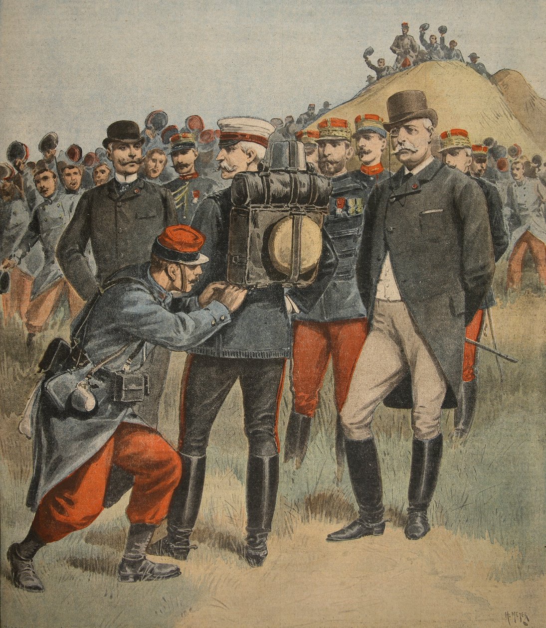 Con las maniobras del ejército: El duque de Connaught probando la bolsa de un soldado, ilustración de Le Petit Journal: Supplement illustre, 2 de octubre de 1898 de French School