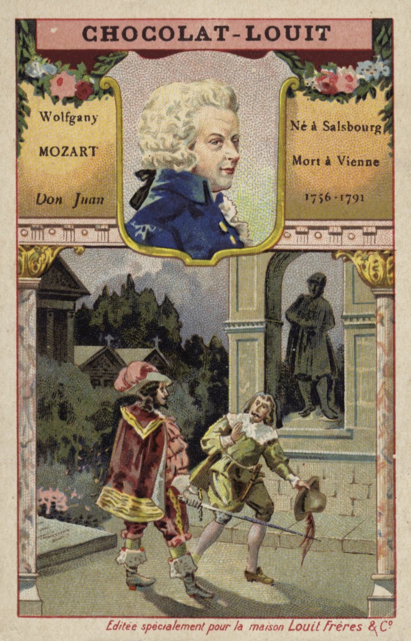 Wolfgang Amadeus Mozart, compositor austriaco, y una escena de su ópera Don Juan (cromolito) de French School