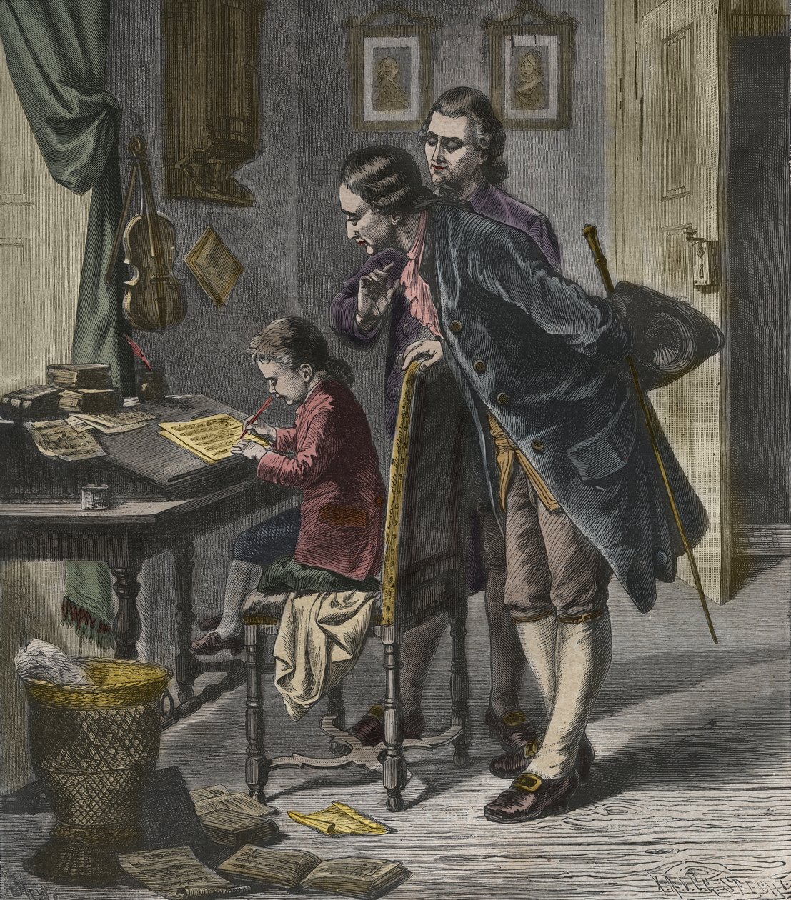 Wolfgang Amadeus Mozart escribiendo un concierto en presencia de su padre, Leopold, ilustración de 