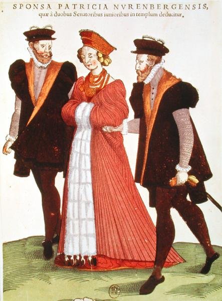 Mujer de Nuremberg escoltada al templo por dos senadores, 1572 de French School
