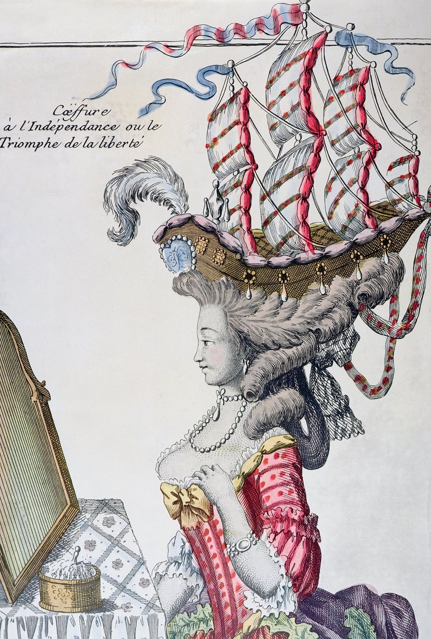 Mujer con un Vestido de Día y un peinado a la Belle Poule, período de la Independencia Americana, 1779-80 de French School