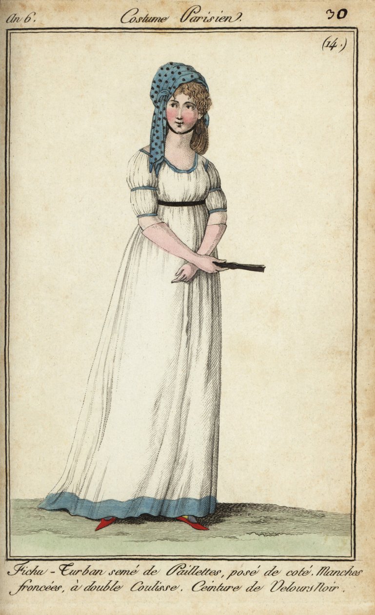 Mujer con pañuelo-turbante y vestido túnica de French School