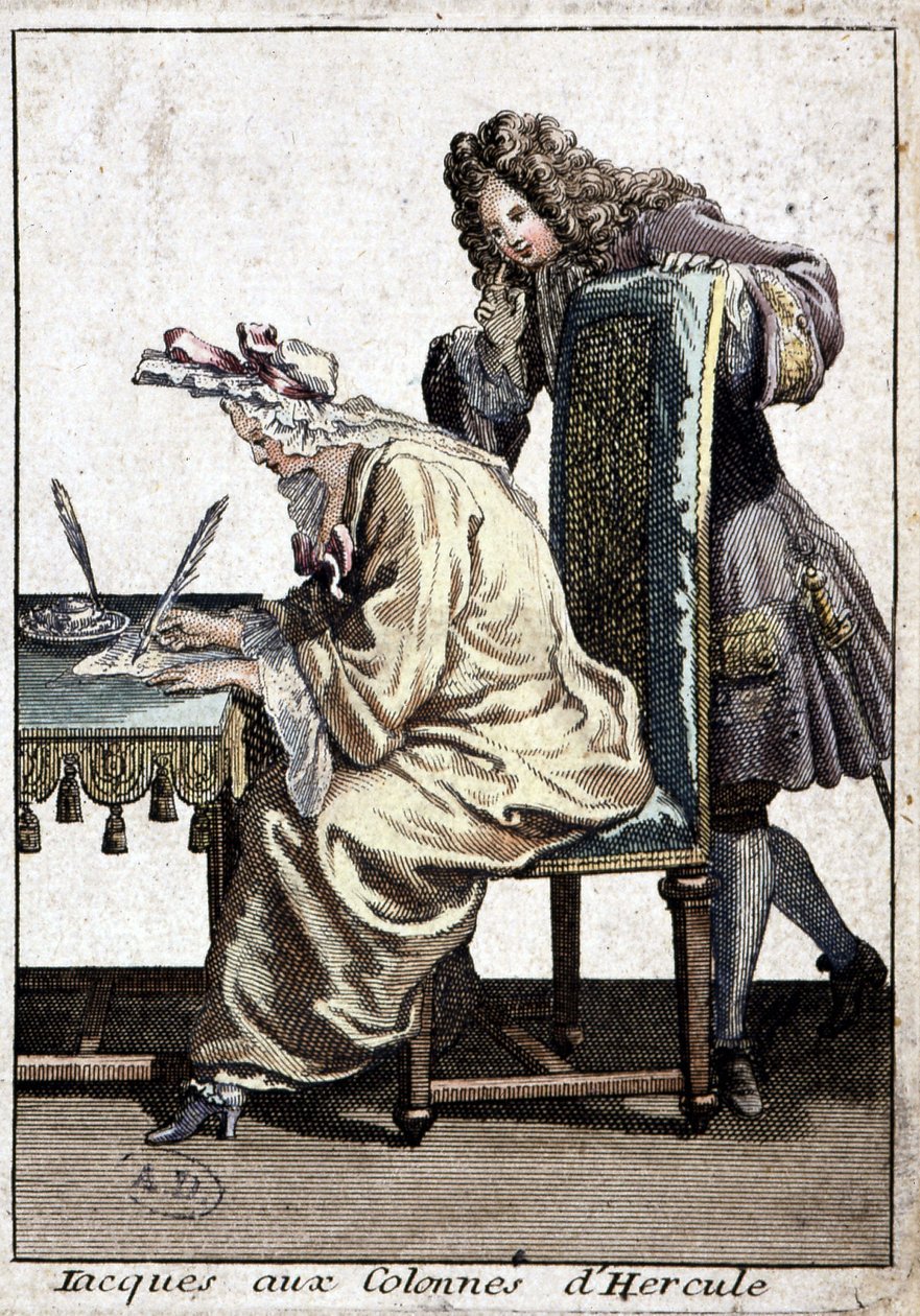 Mujer en camisa y gorro de dormir escribiendo una carta con un hombre, s.d. c. 1715 de French School