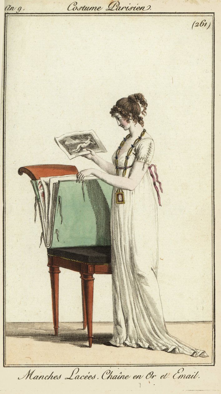 Mujer mirando un portafolio de grabados de French School