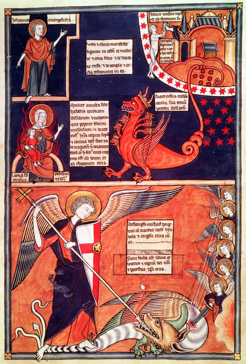 La mujer del Apocalipsis siendo atacada por el dragón de siete cabezas y San Miguel matando al dragón, del Liber Floridus de Lambert de Saint-Omer, c.1120 de French School