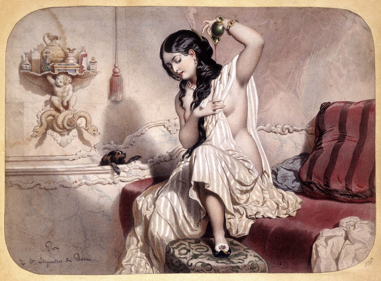 Mujer perfumándose después del baño - litografía, c.1860 de French School