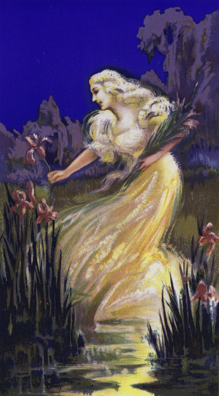 Mujer recogiendo lirios (litografía en color) de French School