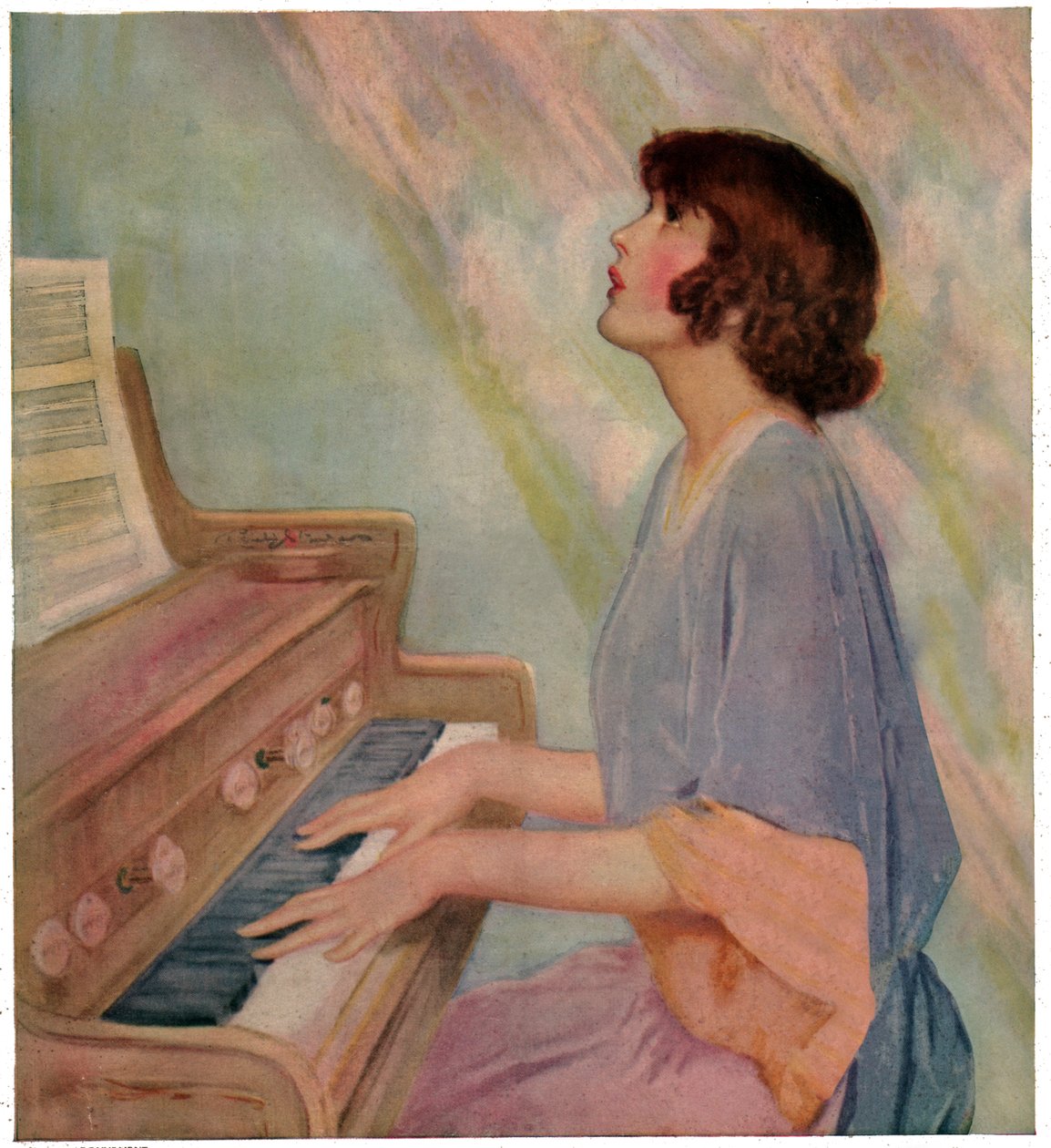 Mujer tocando el órgano. 1924 (grabado) de French School