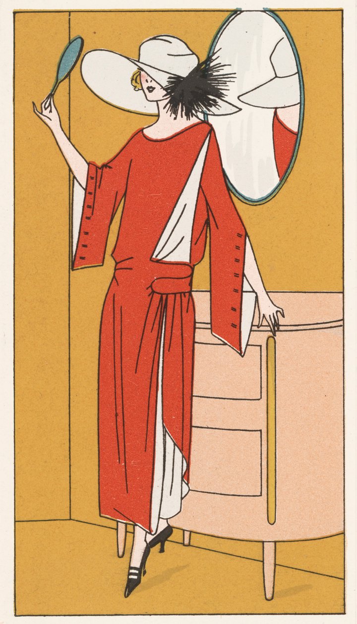Mujer con vestido de crepé rojo y sombrero blanco de los años 20 (litografía en color) de French School