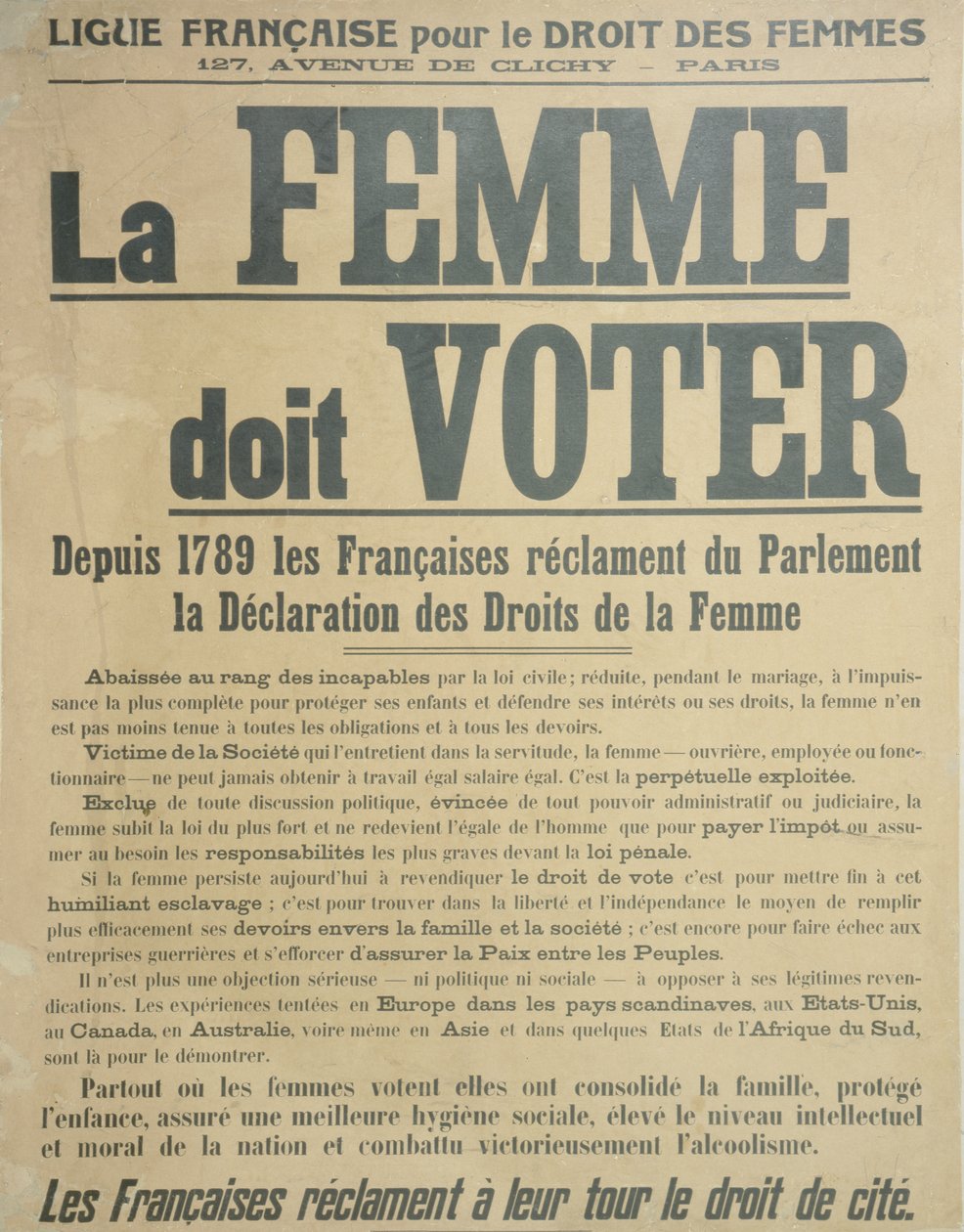 Las mujeres deben votar, póster alentando a las mujeres a luchar por el derecho al voto, 1914 de French School