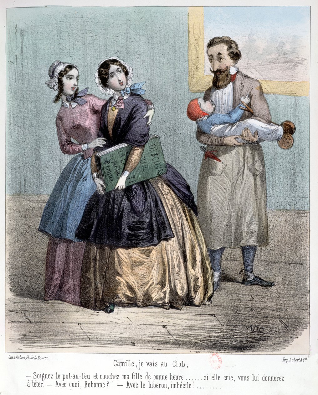 Mujeres dejando a sus maridos para cuidar a los niños mientras van a su club, 1848 de French School