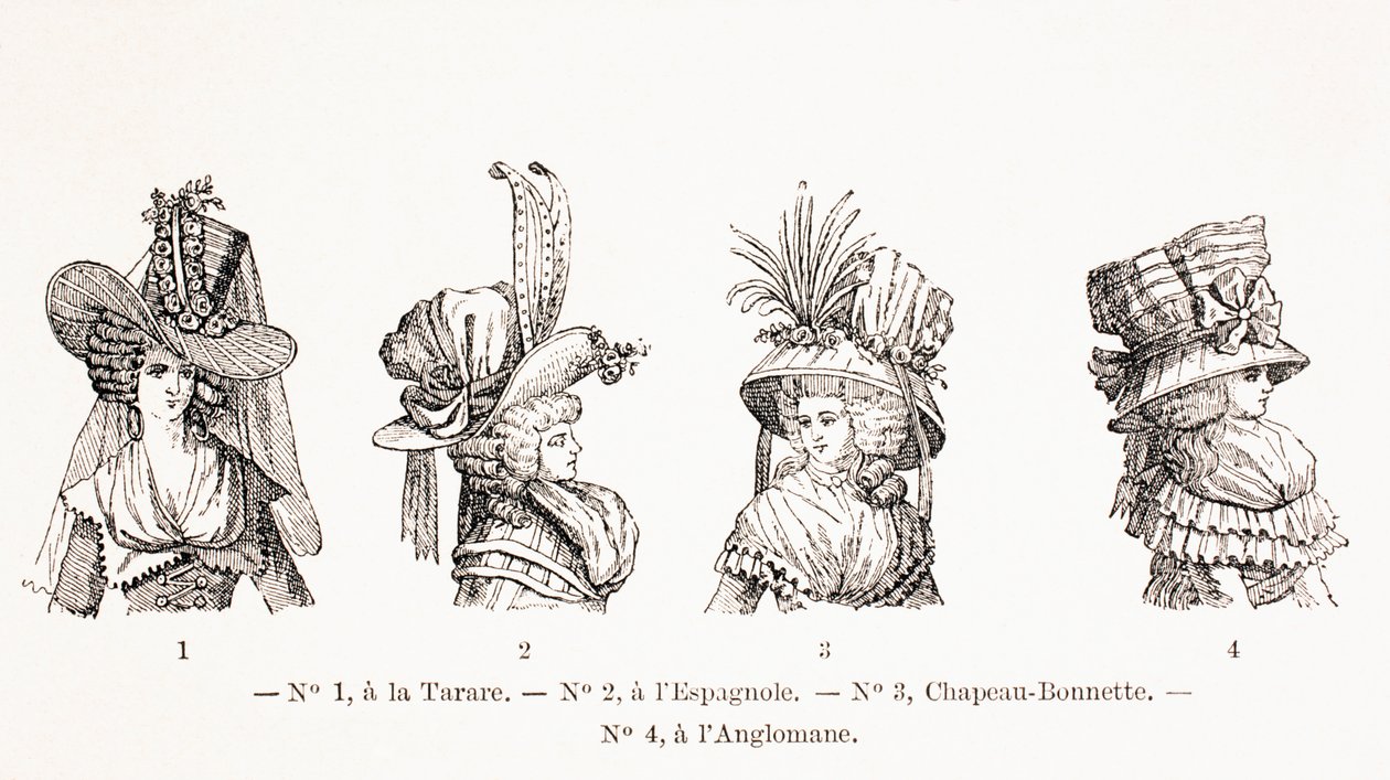 Estilos de sombreros de mujer del siglo XVIII, 1875 de French School