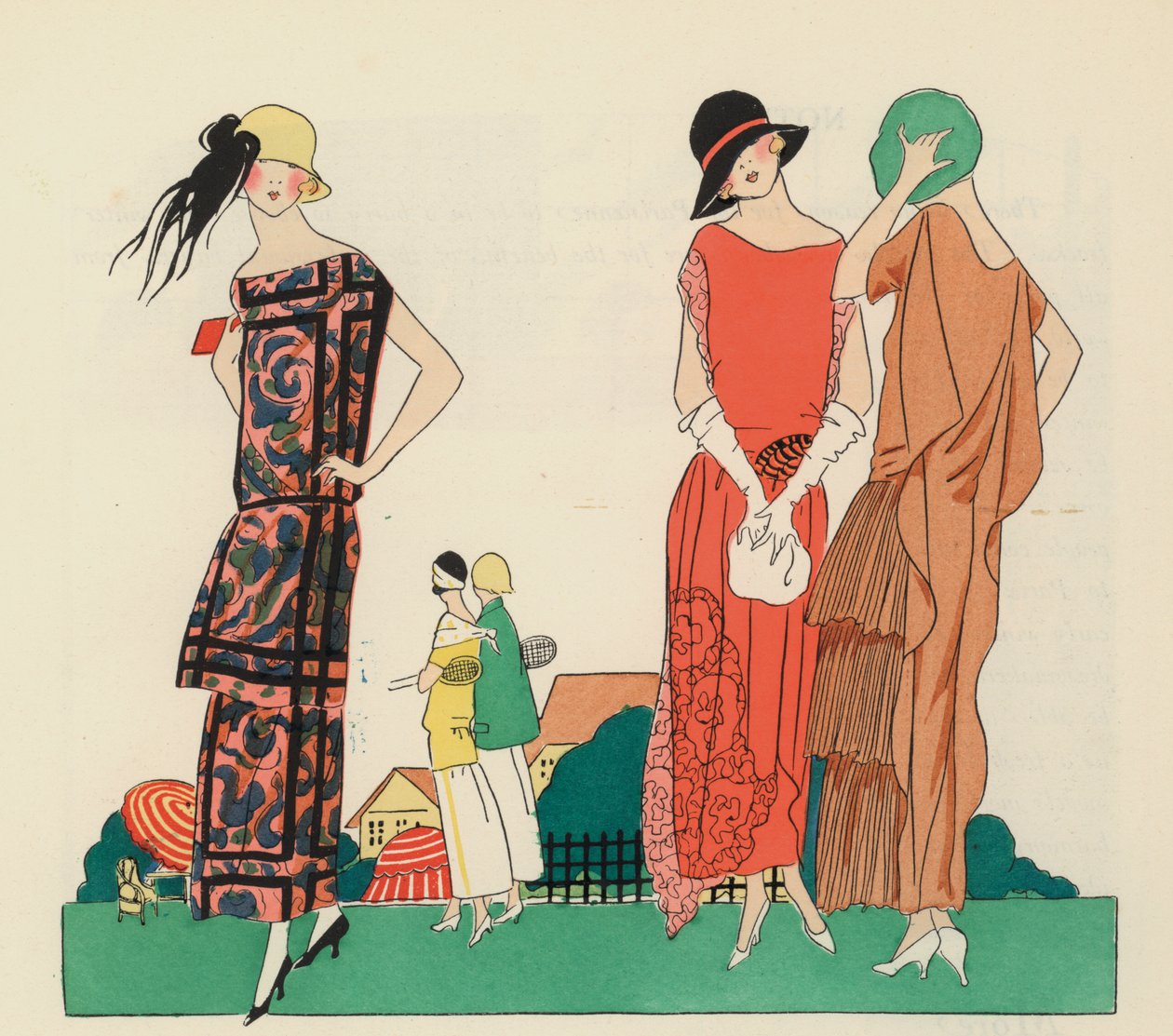 Diseños de vestidos de mujer de los años veinte por Premet y Christoph Drecoll. (litografía en color) de French School