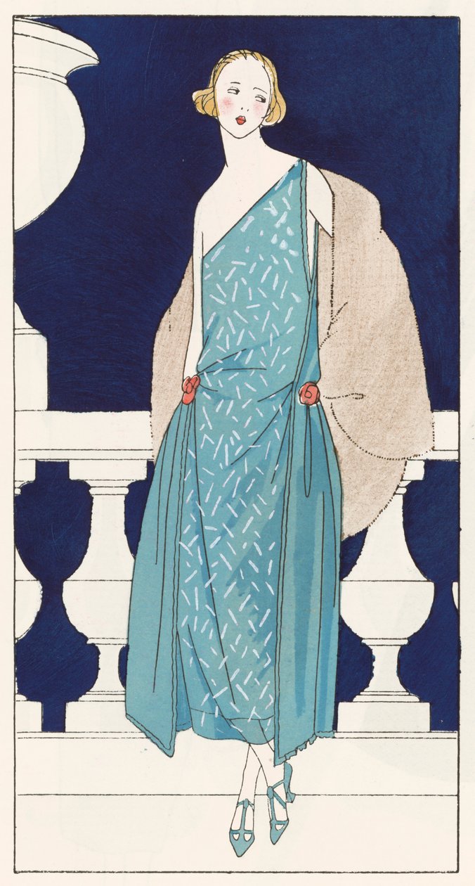 Vestido de noche femenino de la diseñadora Jenny (Jenny Sacerdote) en los años 20 (litografía en color) de French School