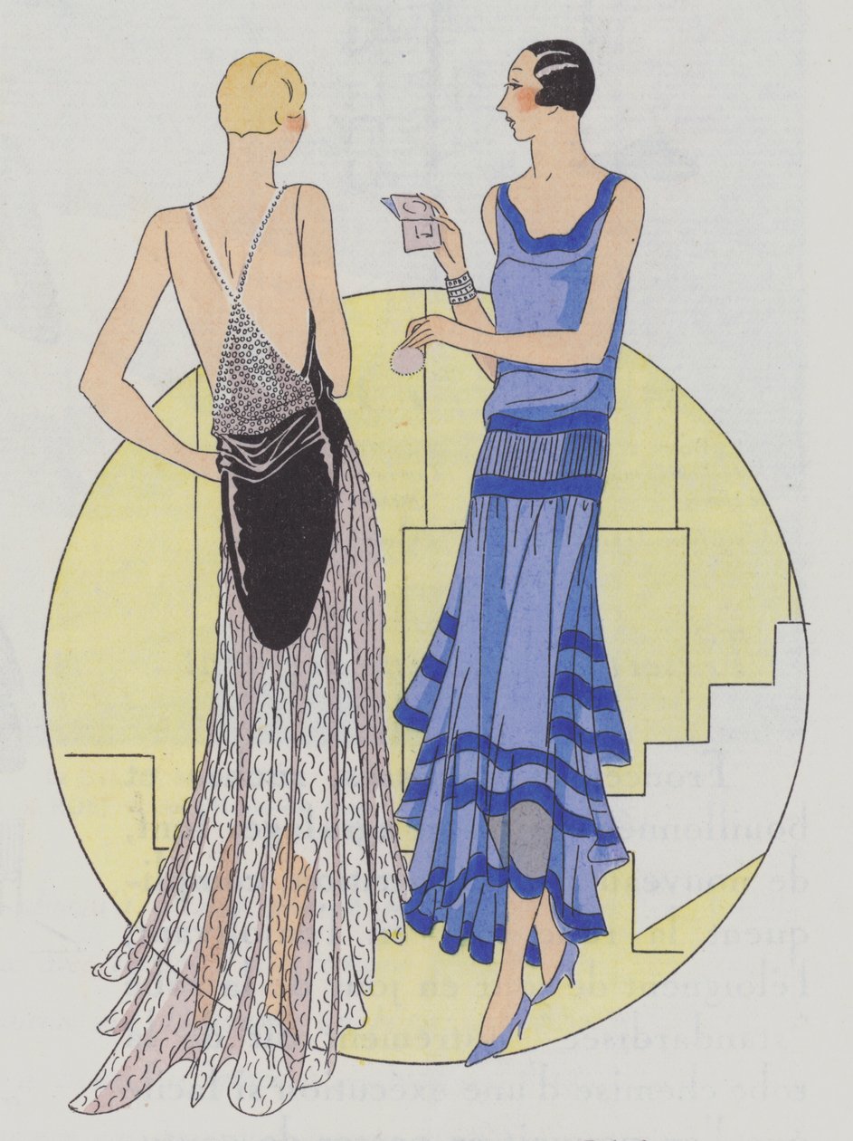 Moda femenina de noche de los años 30 de los diseñadores Jenny y Philippe et Gaston (litografía en color) de French School