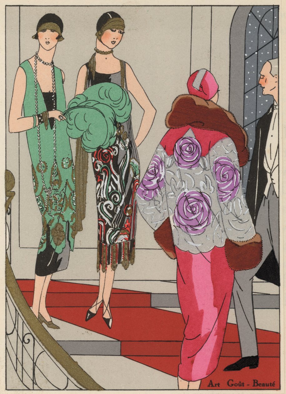 Trajes de noche para mujer de los años 20 de los diseñadores Edward Molyneux y Martial y Amand (litografía en color) de French School