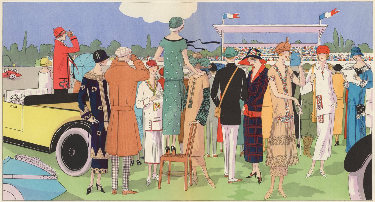 Moda femenina en las carreras de los diseñadores Jeanne Lanvin, Jean Patou, Premet, Georges Doeuillet (litografía en color) de French School