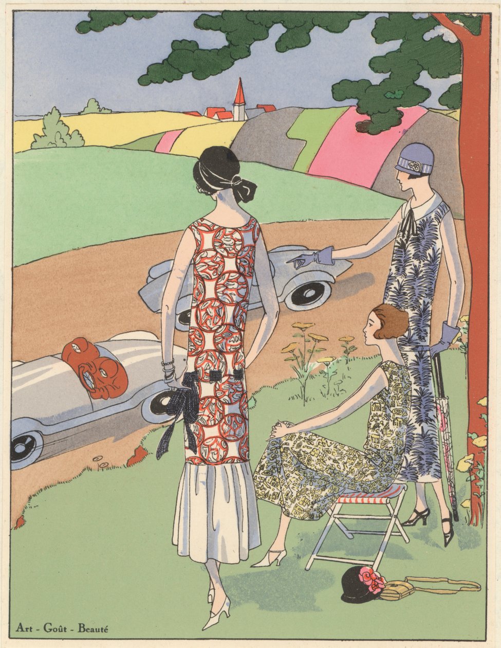 Diseño de moda femenina de los años 20: viendo carreras de coches deportivos (litografía en color) de French School