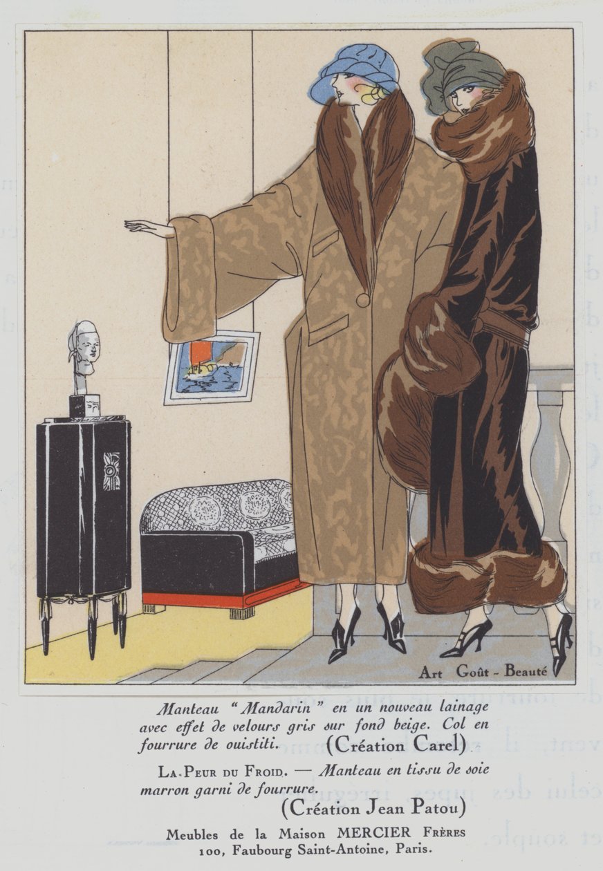 Moda femenina de los años 20 de los diseñadores Carel y Jean Patou (litografía en color) de French School