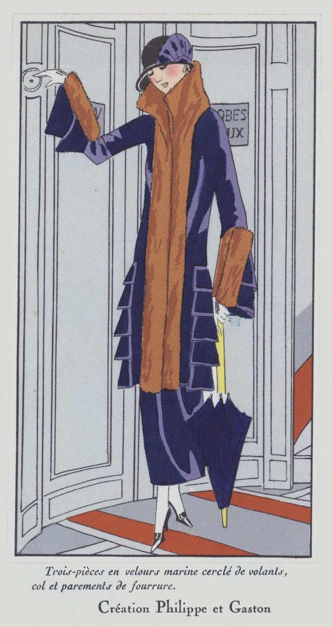 Moda femenina de los años 20 del diseñador Philippe y Gaston (litografía en color) de French School