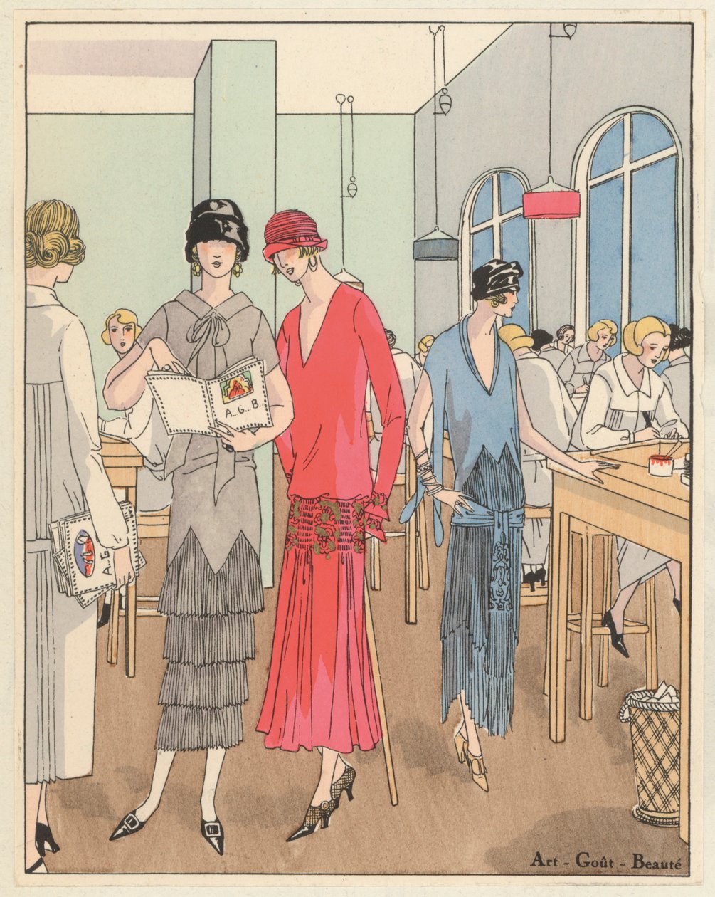 Moda femenina de los años 20 de los diseñadores Jean Patou y Georges Doeuillet (litografía en color) de French School