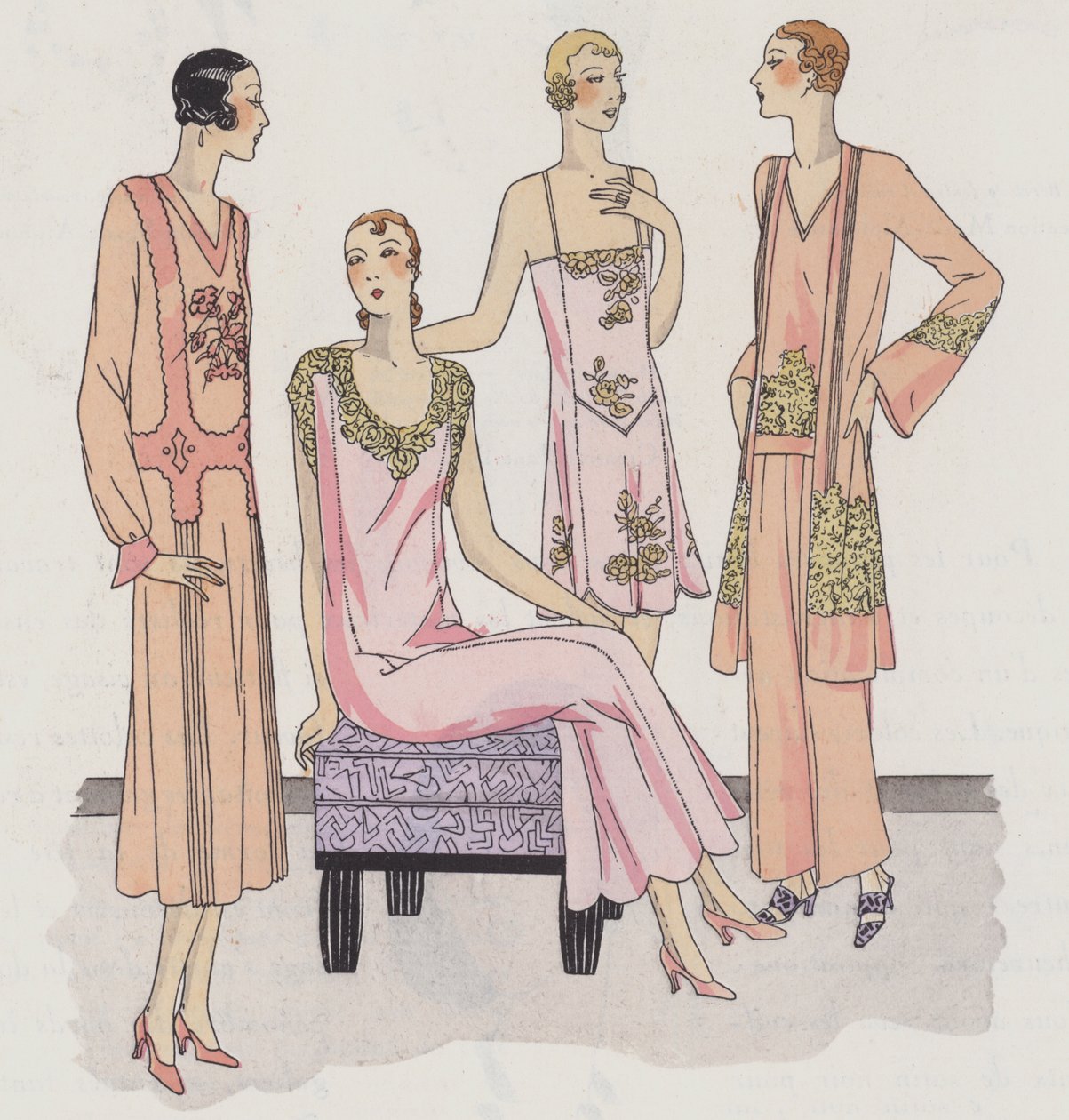 Diseño de lencería femenina de los años 30 por los diseñadores Redfern y Rouff (litografía en color) de French School