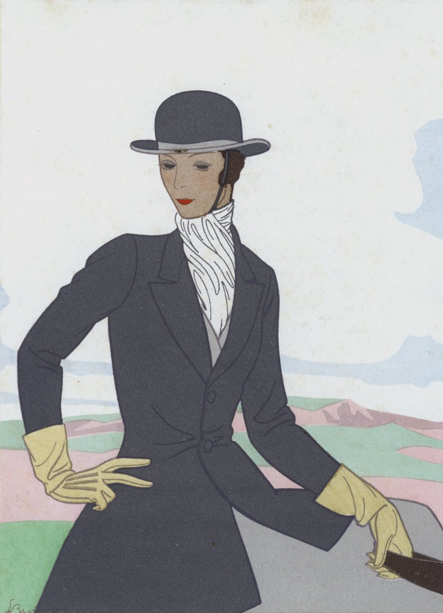 Diseño de hábito de montar para mujer de los años 20 (litografía en color) de French School