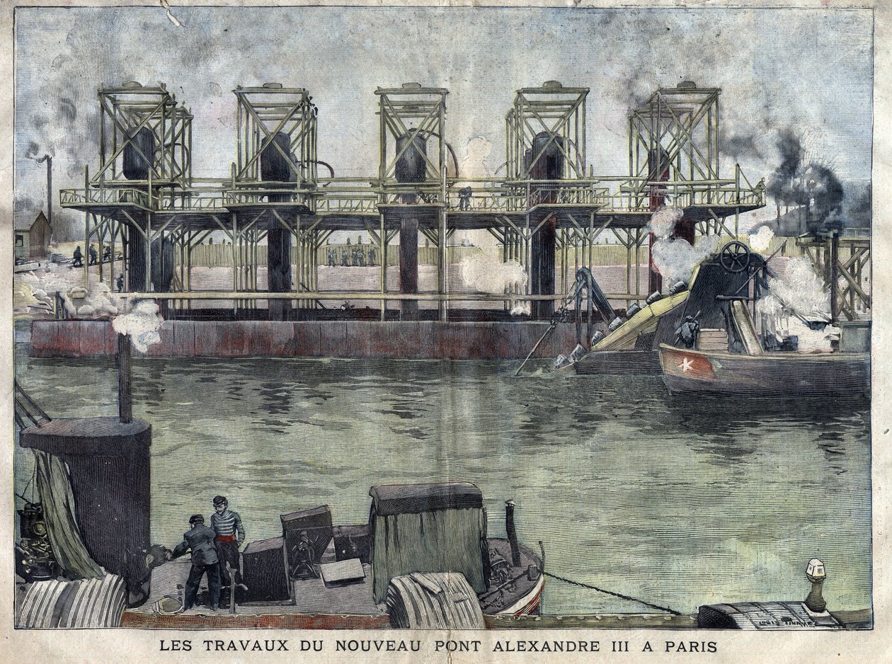 Obras en París del Puente Alejandro III. Grabado de abril de 1898 en “La petite Gironde”. de French School
