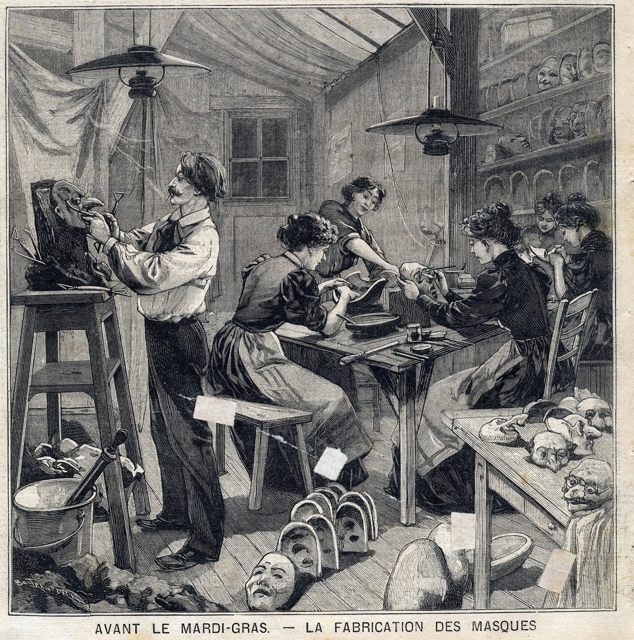 Taller de fabricación de máscaras para los disfraces del festival de Mardi Gras. En "Le Petit Parisien" el 14/02/1897 de French School