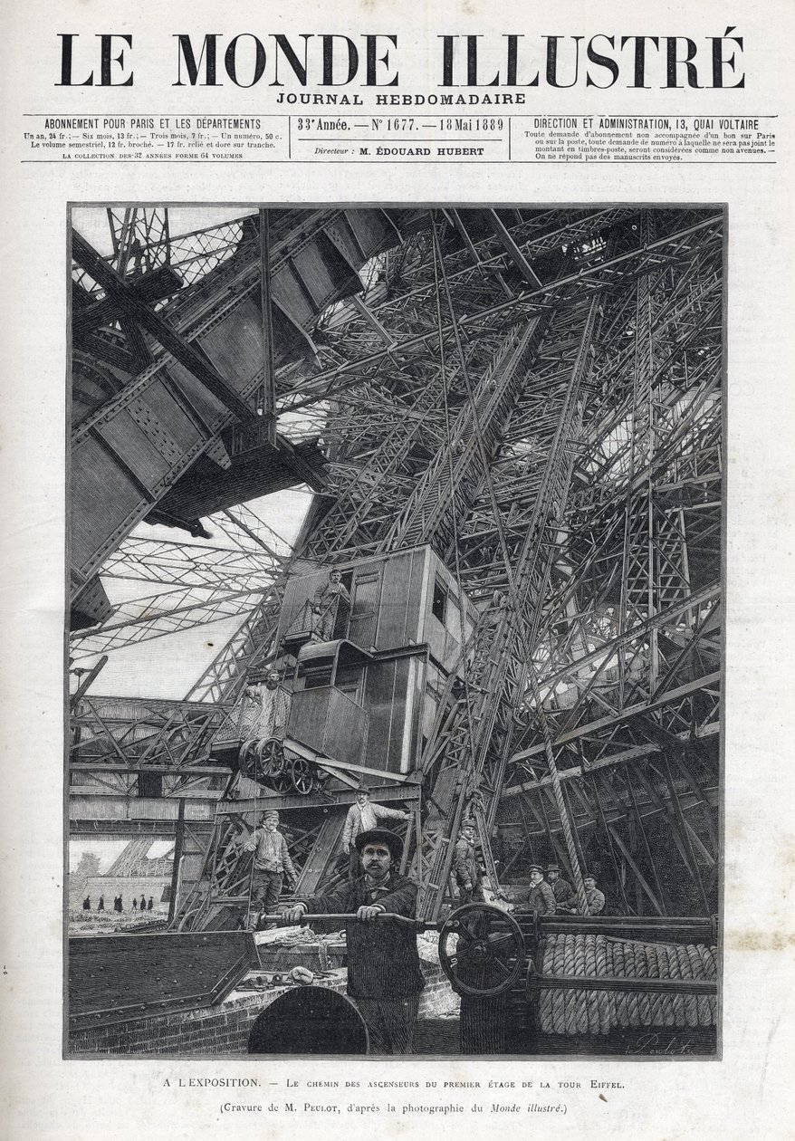 Exposición Universal de París 1889 - El camino de los ascensores en el primer piso de la Torre Eiffel - Le Monde Illustré de 1889 de French School