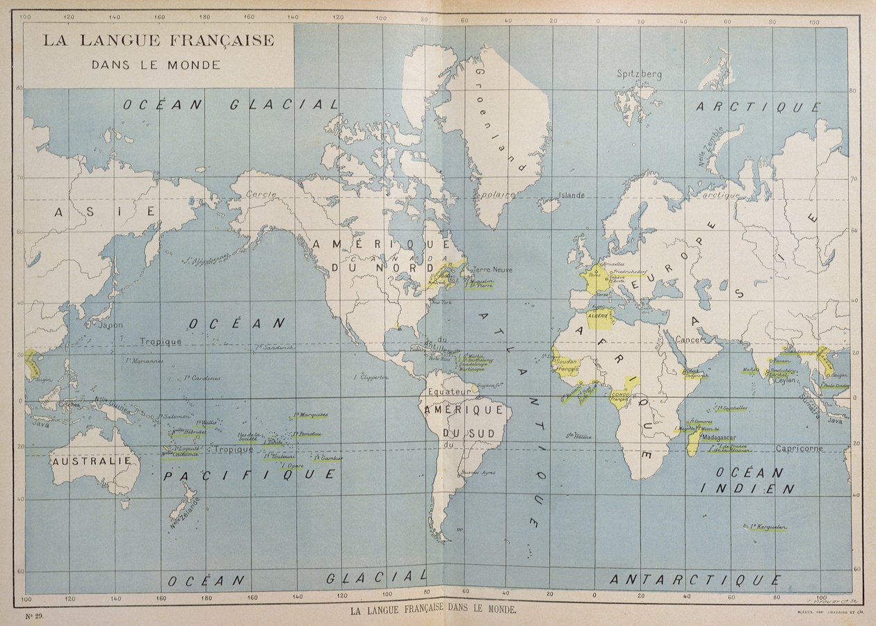Mapa mundial de los países de habla francesa, principios del siglo XX de French School