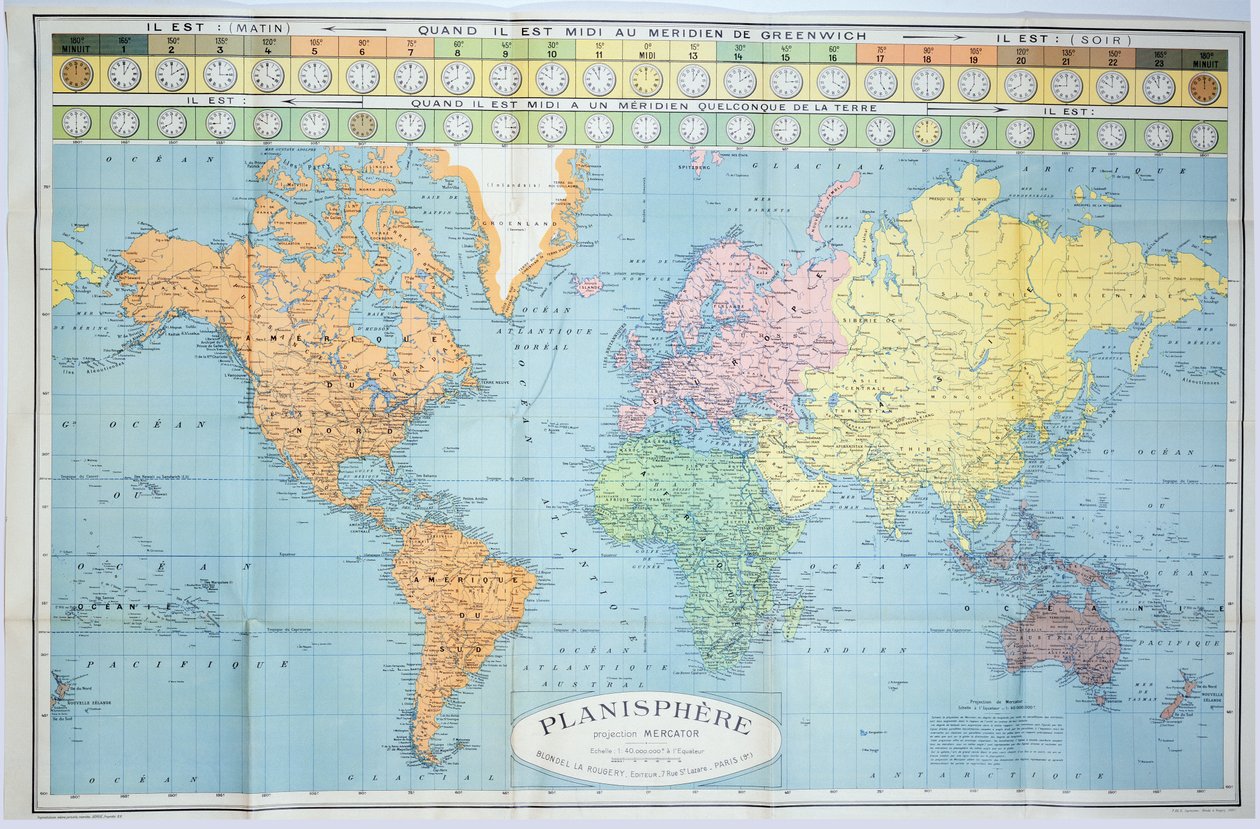 Mapa mundial de las diferentes zonas horarias, publicado por Blondel La Rougery en París c.1920 de French School
