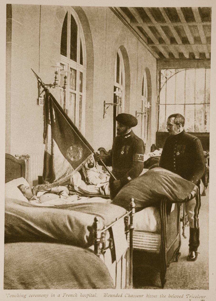 Chasseur herido besa la querida Tricolor, 1914-19 de French School