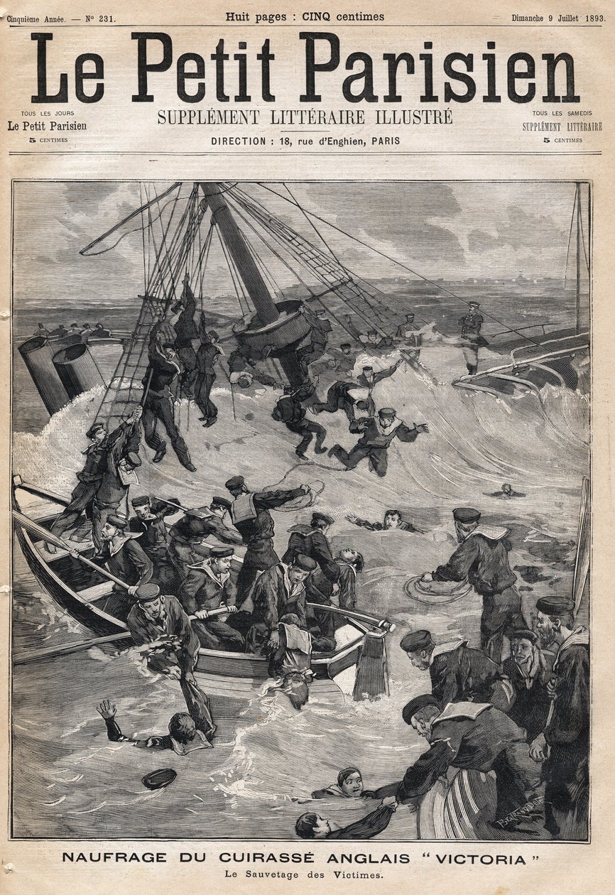 Naufragio del acorazado inglés "Victoria" tras una colisión en la costa de Siria y rescate de las víctimas. En el periódico "Le Petit Parisien" el 9/07/1893 (grabado) de French School