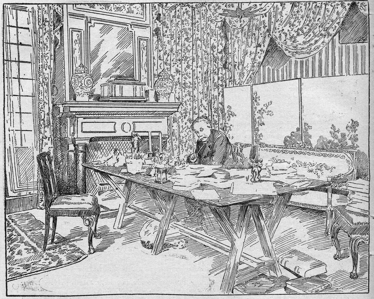 Escritor Alejandro Dumas Jr. (1824-1895) en su gabinete de trabajo. Grabado en “La gazette du dimanche” del 12 de diciembre de 1895 de French School