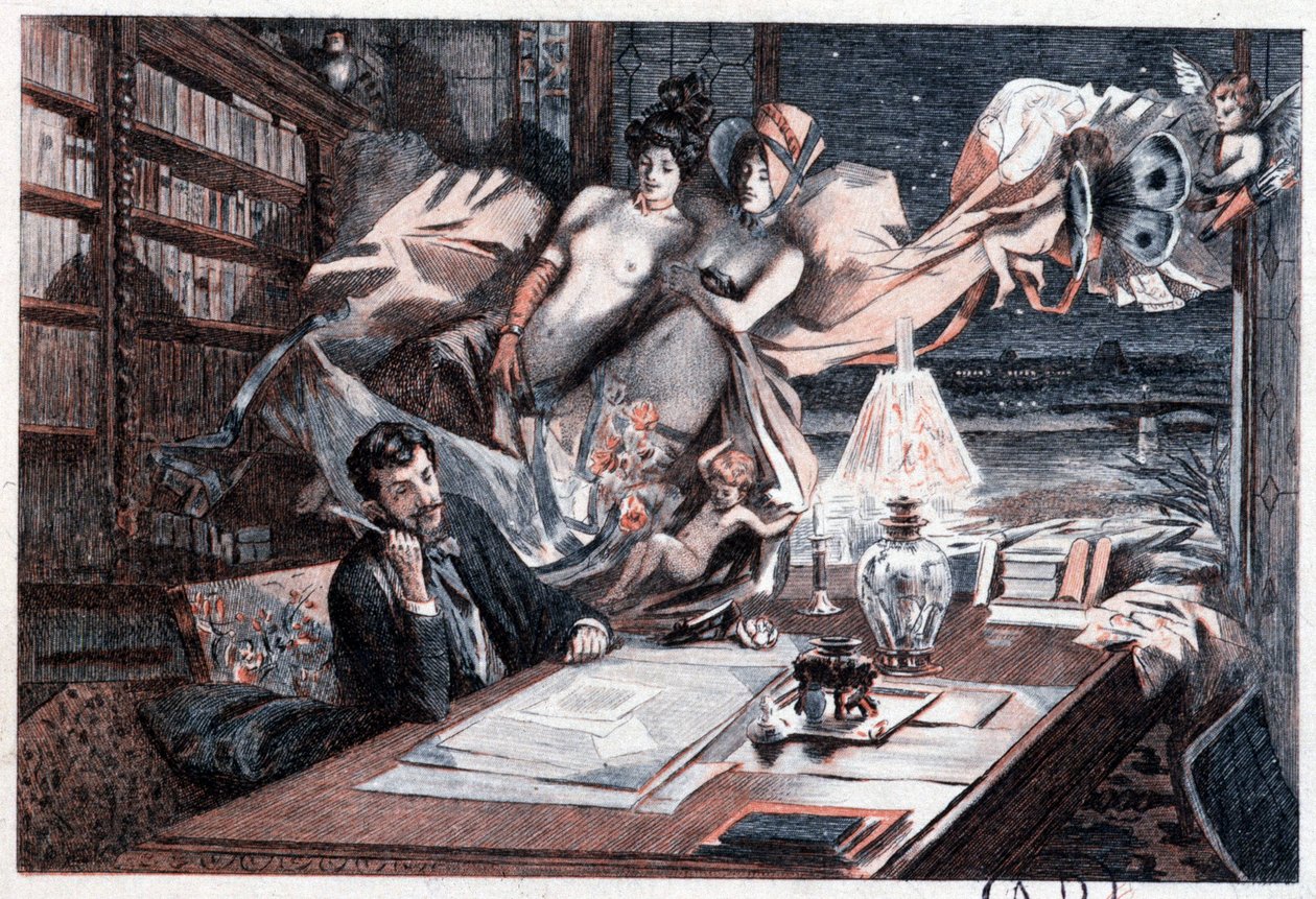 Escritor en su mesa de trabajo inspirado por mujeres desnudas y angelotes - en "Menus-propos de vanguardia" de French School