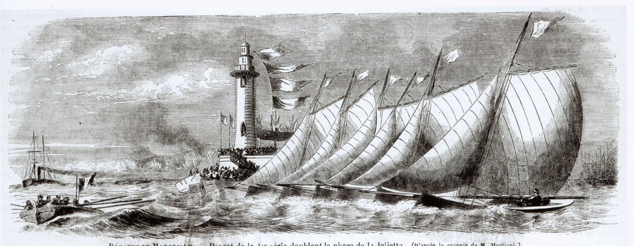 Yates rodeando el Faro de Joliette durante la Regata de 1864 en Marsella, de Le Monde Illustré, 17 de septiembre de 1864 de French School